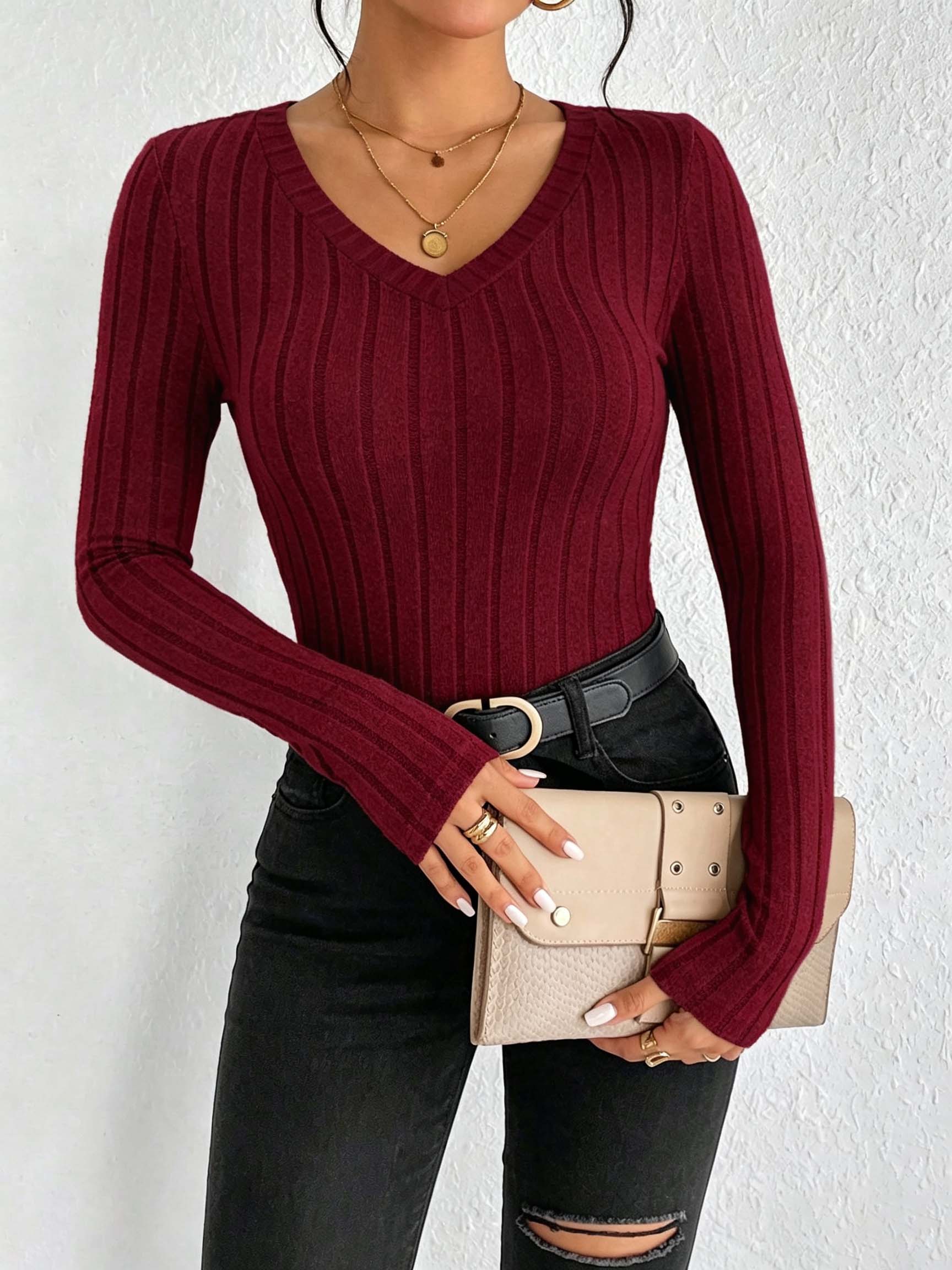 Women Solid V‑Neck Ribbed Knit - Golf Tees review and price